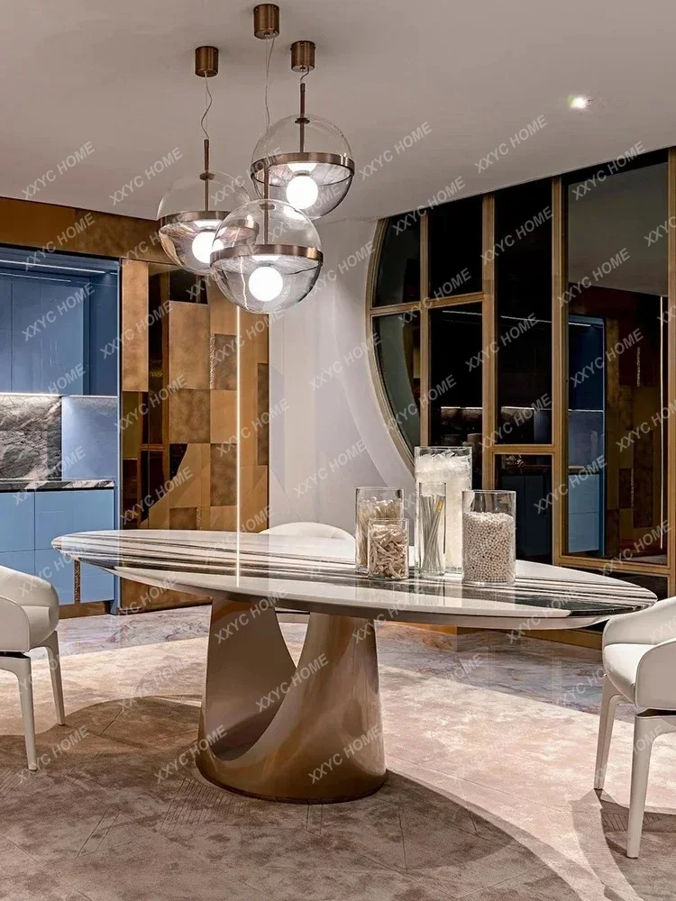 

A Italian Modern Light Luxury Large Apartment French Living Room Oval Dining Tables and Chairs Set