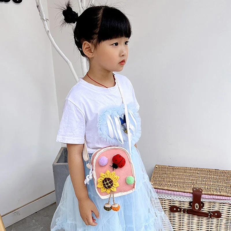 Cute Cartoon Ladybird Sunflower Kid Canvas Shoulder Bag Doll Accessories Satchel Kindergarten Girls Boys Messenger Crossbody Bag