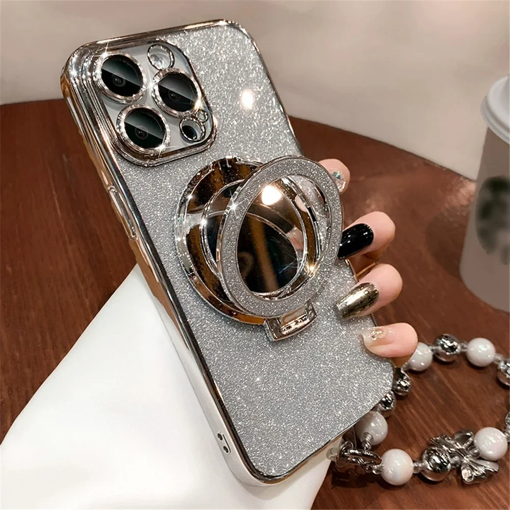 Glitter Mirror Bracket Gradient Case For Samsung A56 A26 A36 A16 A06 A55 A15 A35 A54 A24 A34 A14 A05S Soft Cover With Bracelet