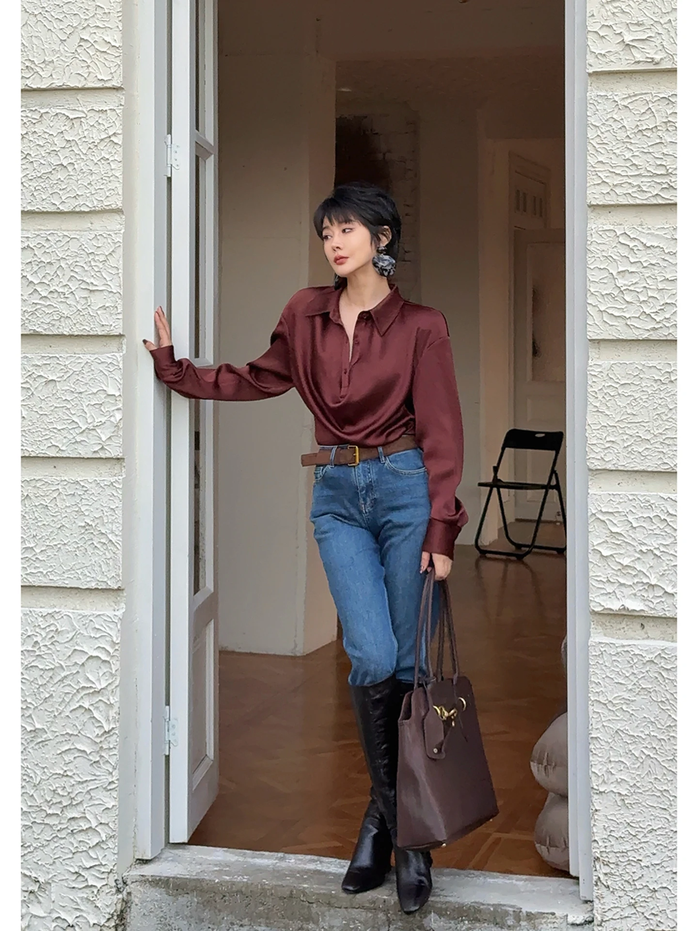 

Ele Long Sve irt for Women Beethoven Sle Spring 2025 New High nce Semi-Unbuttoned French Sle Slim Fit S...