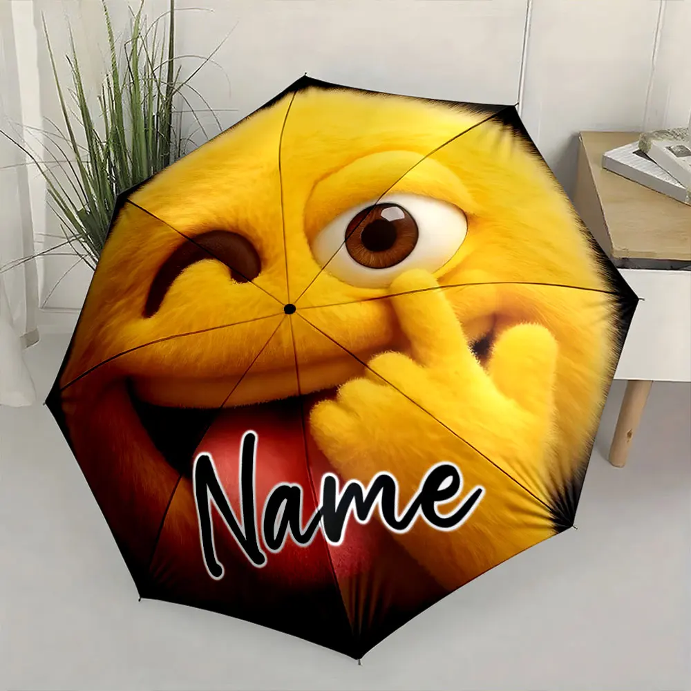 Custom Name Playful Emoji Design on Umbrella 8 Iron Ribs Folding Umbrella Auto-Open Fashionable Sunshade Deluxe Gift