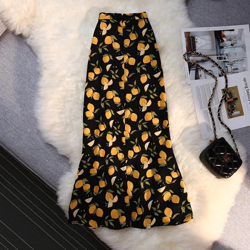 ALIDI SC2024 Spring/Summer High End Printed Half Skirt Women's French New High Waist Lemon Fishtail Mid Length Half Skirt