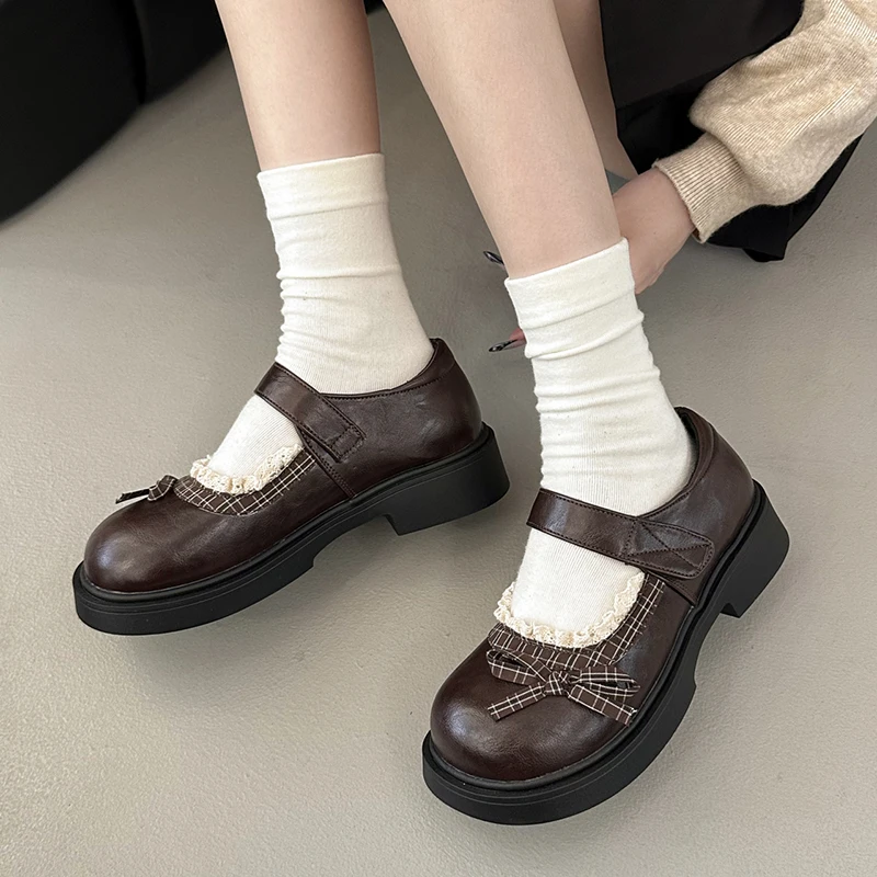 Y2K Sweet Women Mary Jane Shoes Retro Plaid Lace Bow Round Toe Platform Loafers Woman 2026 Thick Sole Gothic Lolita Shoes