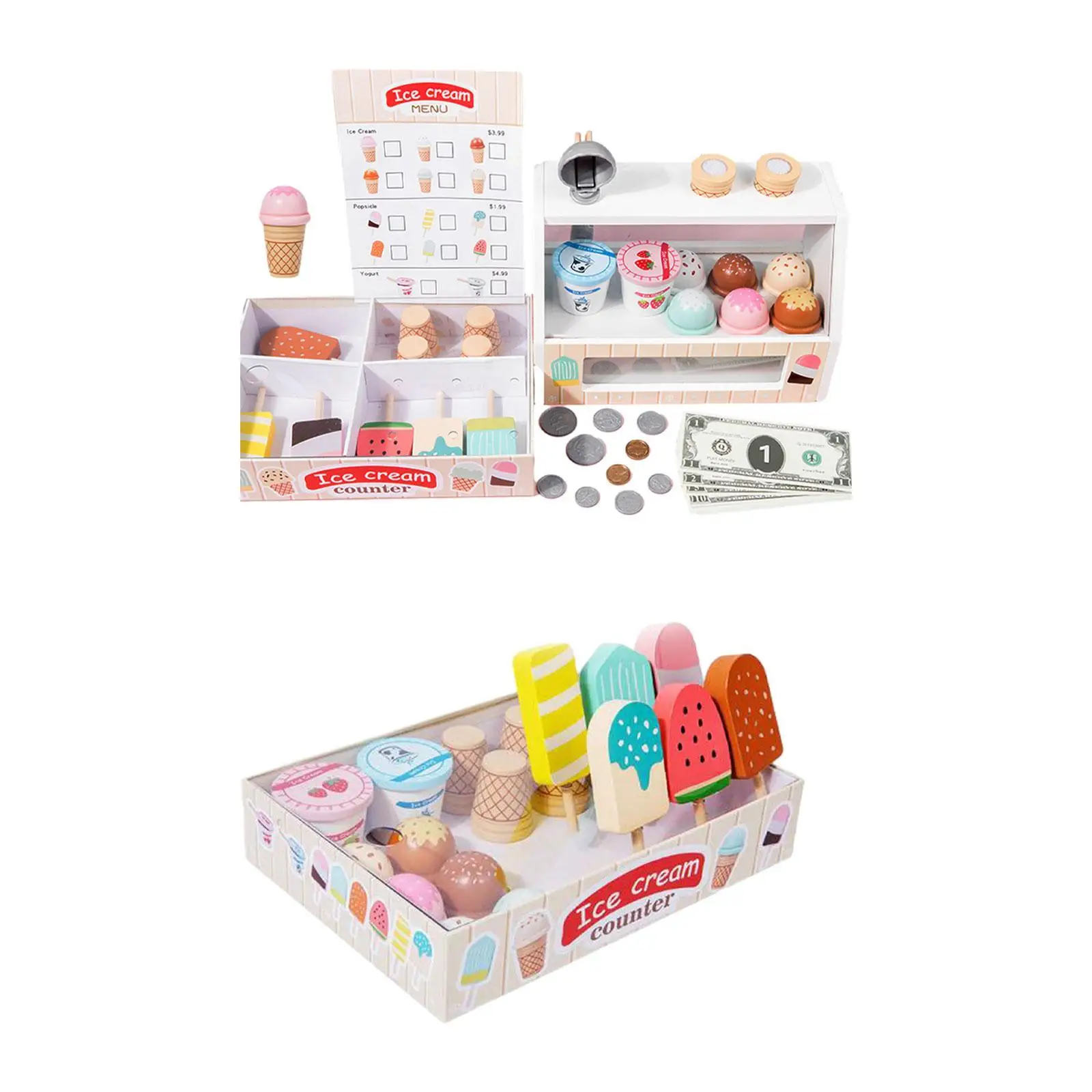 Balcão de sorvete de madeira playset fingir comida brinquedos educação presentes jogar comida e acessórios loja de sorvete brinquedos idade 2-4