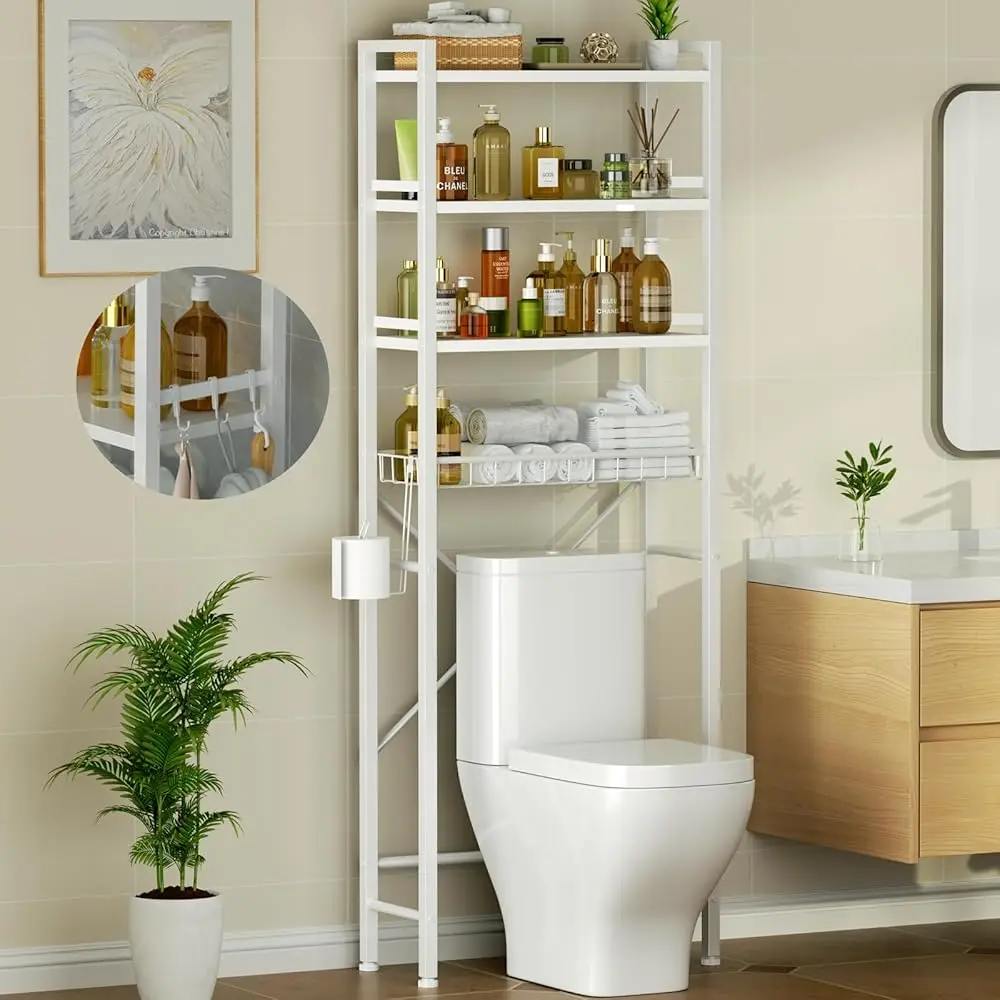 

Over-The-Toilet Storage,4 Tiers Above Toilet Bathroom Shelves With Toilet Paper Holder And 6 Hooks,Toilet Ra For Bathroom