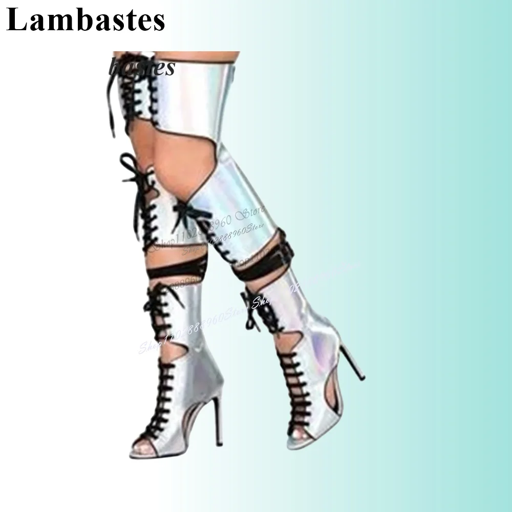 

Over The Knee Cross-Tied Silver Hollow Boots Stilettos High Heel Women Shoes Back Zipper Peep Toe 2023 Fashion Zapatillas Mujer