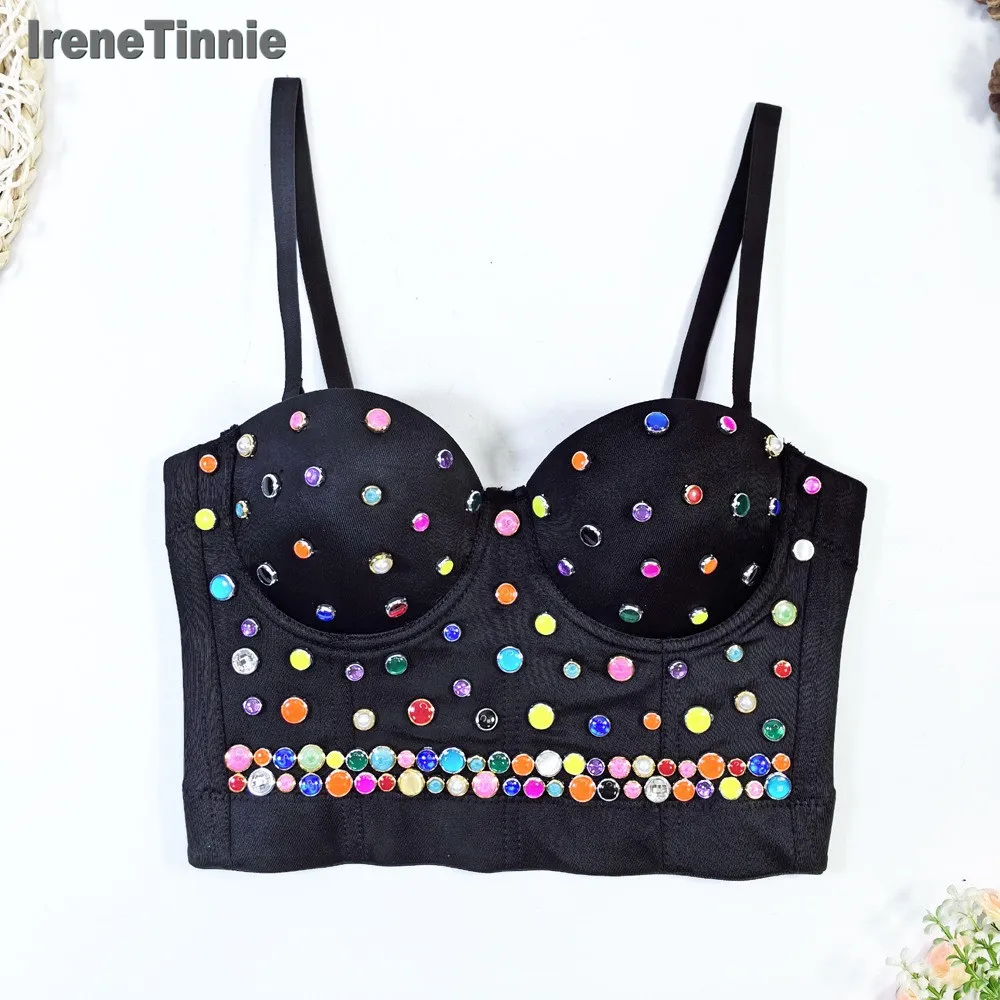 IRENE TINNIE 2024 Club Pole Dancer Crop Tops Luxury Colorful Beading Women Sexy Bustier Removable Strap Push-Up Bra Short Corset