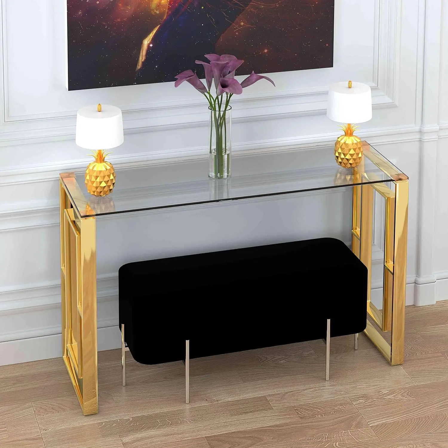 Cortesi Home-Mesa consola Laila, cristal de acero inoxidable, 15,75 "D x 47" W x 30,5 "H, dorado, transparente