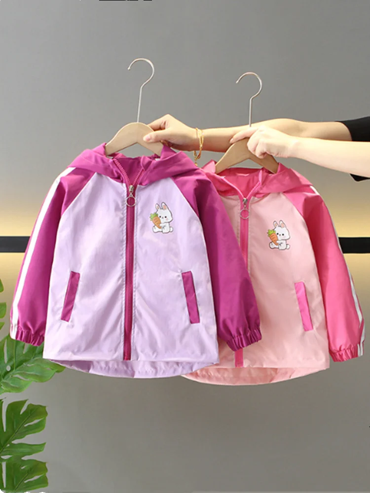 

Jackets For Girl 2025 Spring New Fashion Casual Cute Hooded Little White Rabbit Print Girl Thin Coat Tops 110-120 High Quality