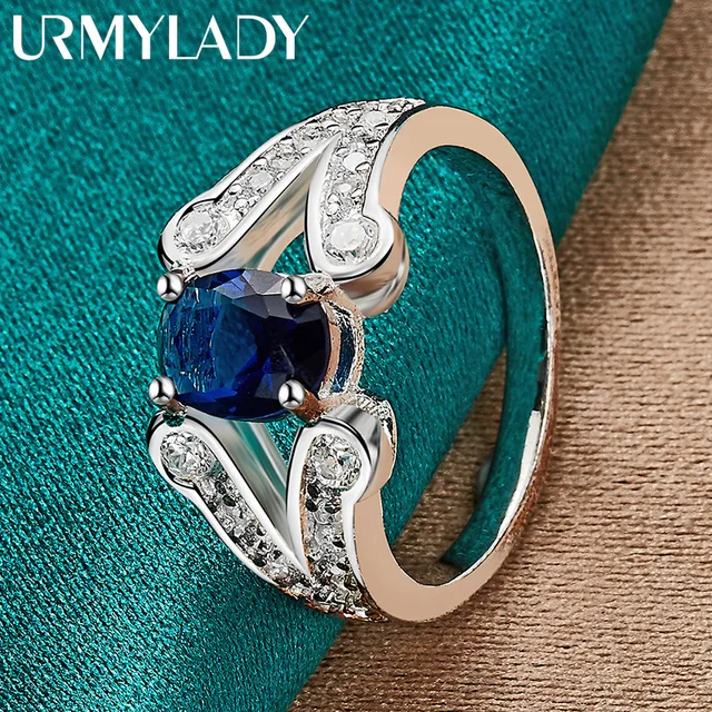 URMYLADY 925 Sterling Silver AAAAA Niebieska cyrkonia 7-10 #   Pierścionek dla kobiet Moda Ślub Impreza Urok Biżuteria