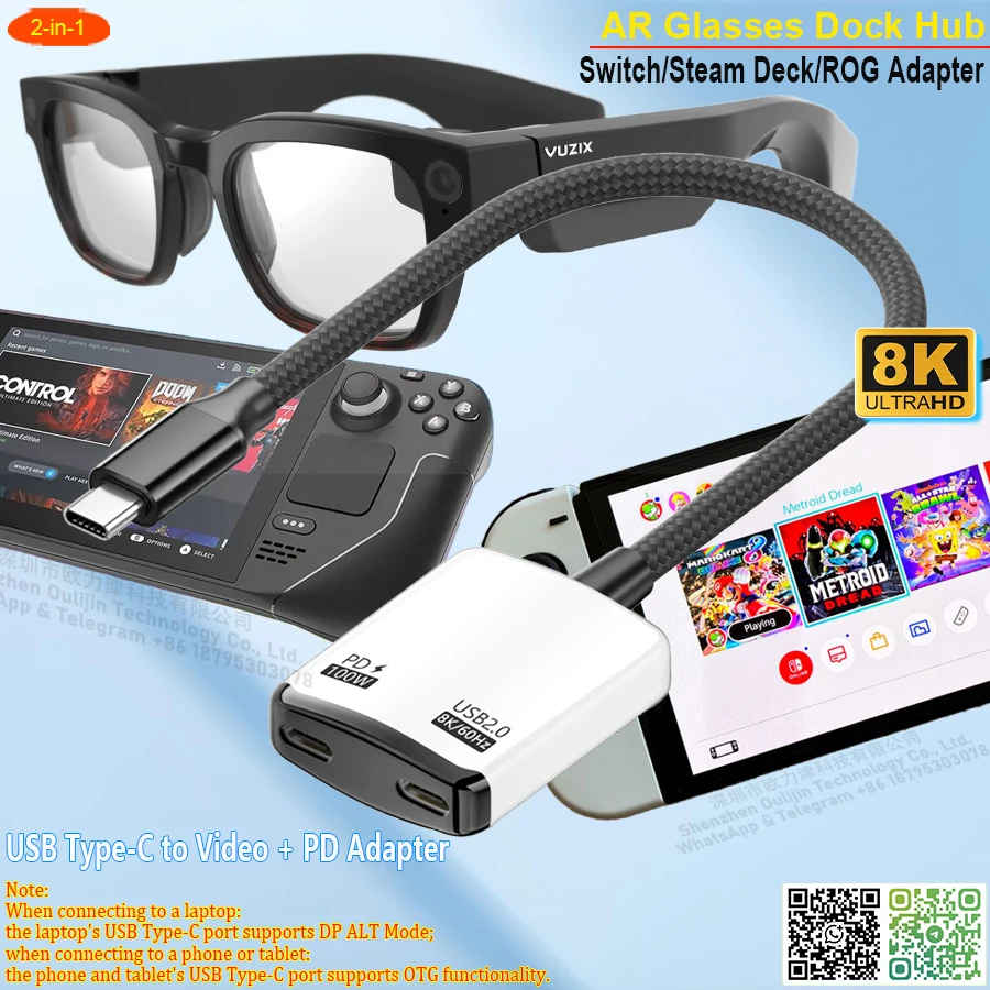 2-in-1 USB C Hub AR Glasses 8K 60Hz,Type C to AR Glasses and PD 100W Charging Adapter Hub,for Nintendo Switch to AR Glasses