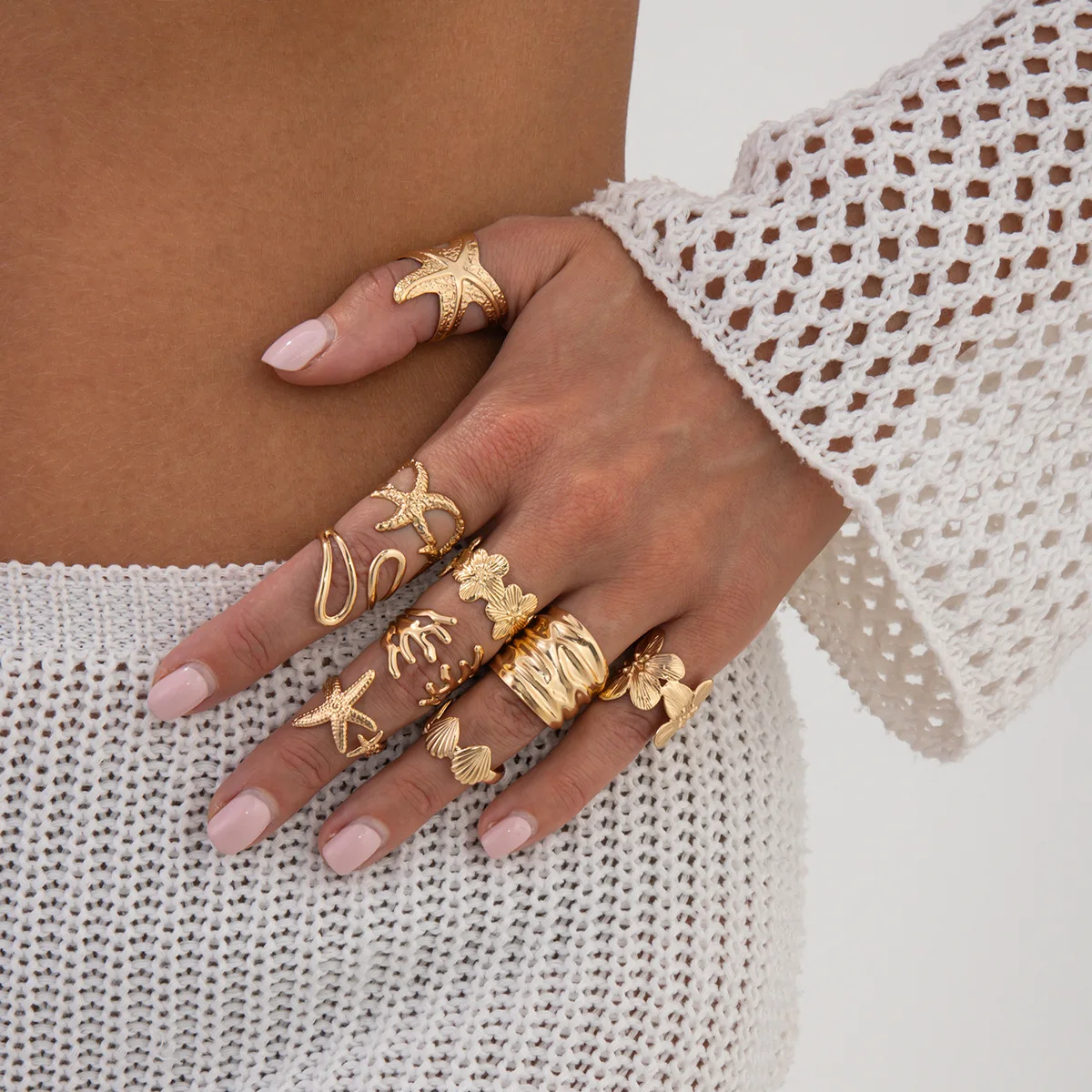 

Seashell Starfish Adjustable Knuckle Rings Gold Silver Plated Iron Stackable Jewelry Set for Women Beach Gift