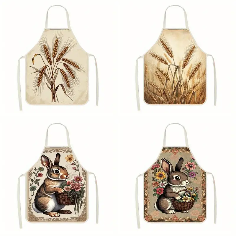 

Vintage Bunny & Wheat Linen Apron, Suitable For Kitchen Cooking, Parent-Child Interaction, Painting And Other Scenarios