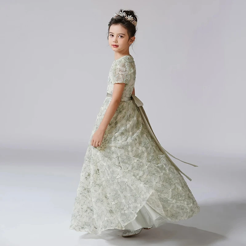 Customized Flower Girl Dress For Wedding Appliques Short Sleeve High Waist Floor Length Kids Birthday First Communion Gown
