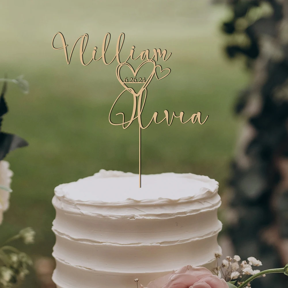 

Custom Text Gold Acrylic Cake Topper Personalized Rustic Wood Cake Topper Wedding Birthday Engaged Anniversary Party Decoration