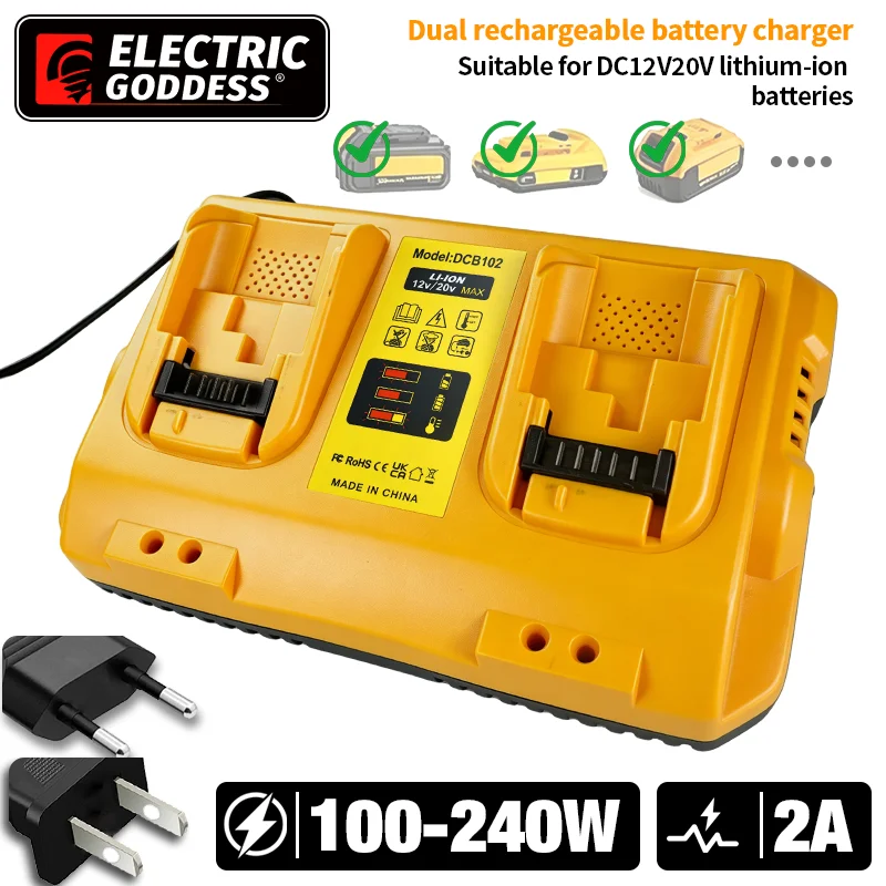 

2A Fast Dual Battery Charger Replacement for Dewalt 18V 20V Lithium Battery Rechargeable DCB207 DCB206 DCB204 DCB203-No battery