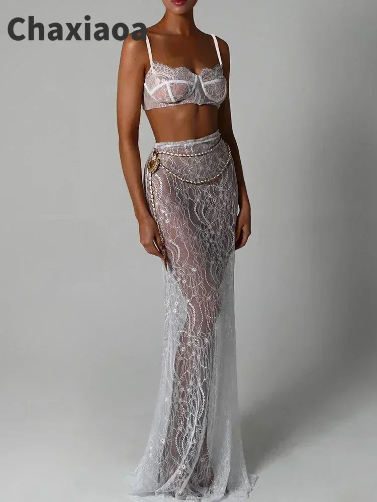 

Chaxiaoa See Through Lace Two Piece Dress Sets Crop Top + Maxi Skirt Set Festival New in Matching Sets Sexy Costumes for Women