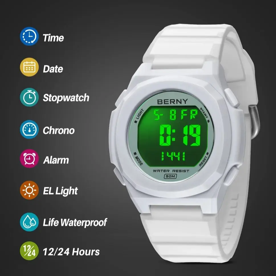 BERNY Sports Digital Electronic Wristwatches Luminous Alarm Waterproof Calendar Multifunctional Outdoor Fashion Student Watch