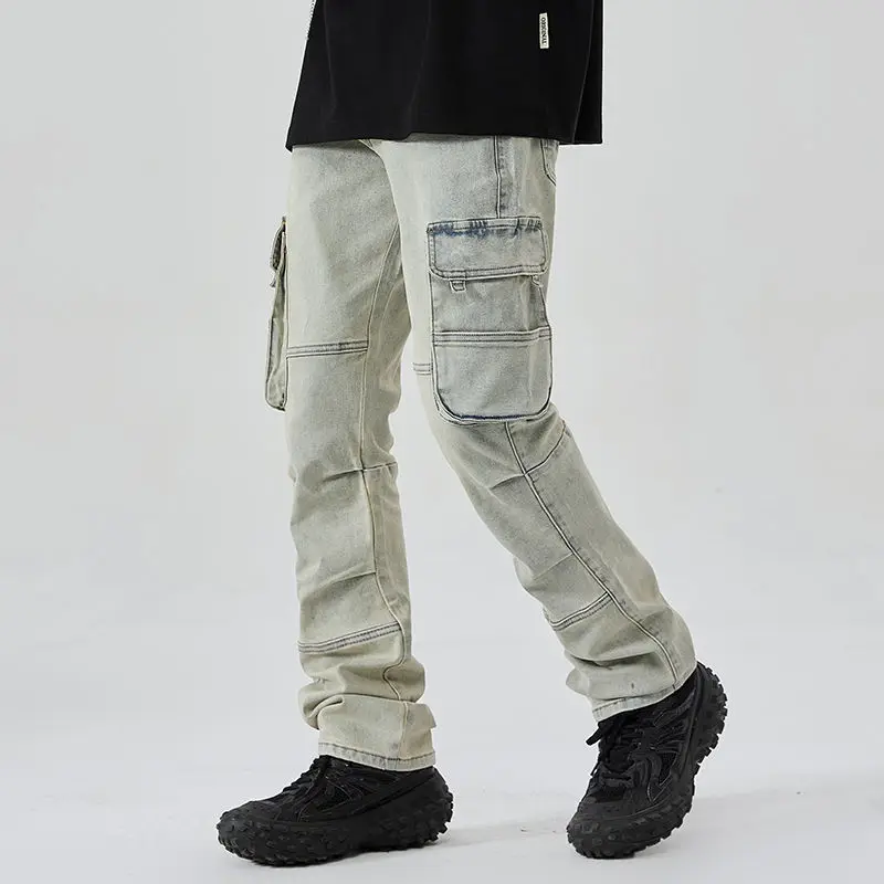 

American high street jeans men's loose fitting straight tube design washed cargo casual long pants men baggy jeans