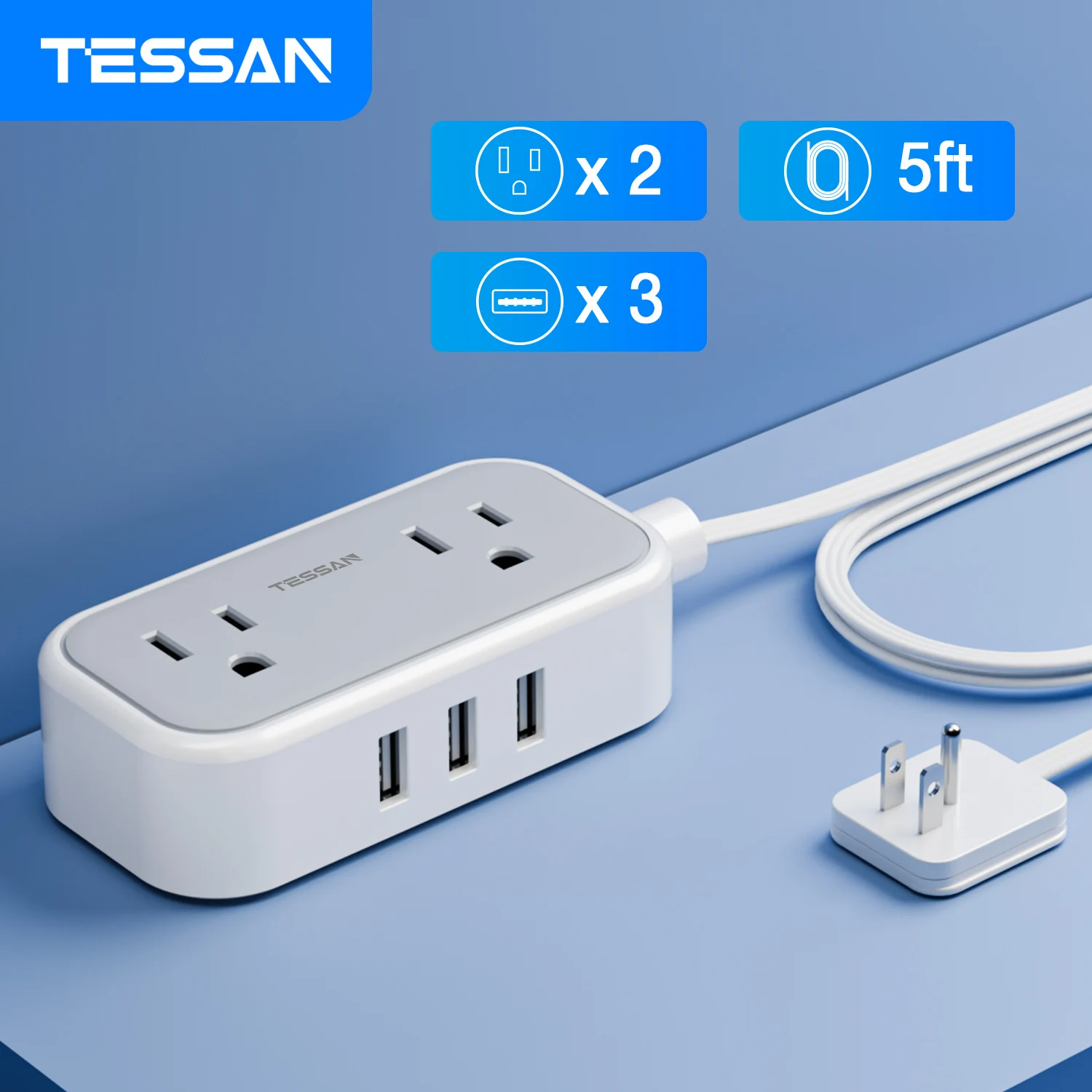 TESSAN Flat Plug Power Strip with 2 AC Outlets & 3 USB 5 ft Ultra Thin Small Extension Cord for Travel, Home, Office