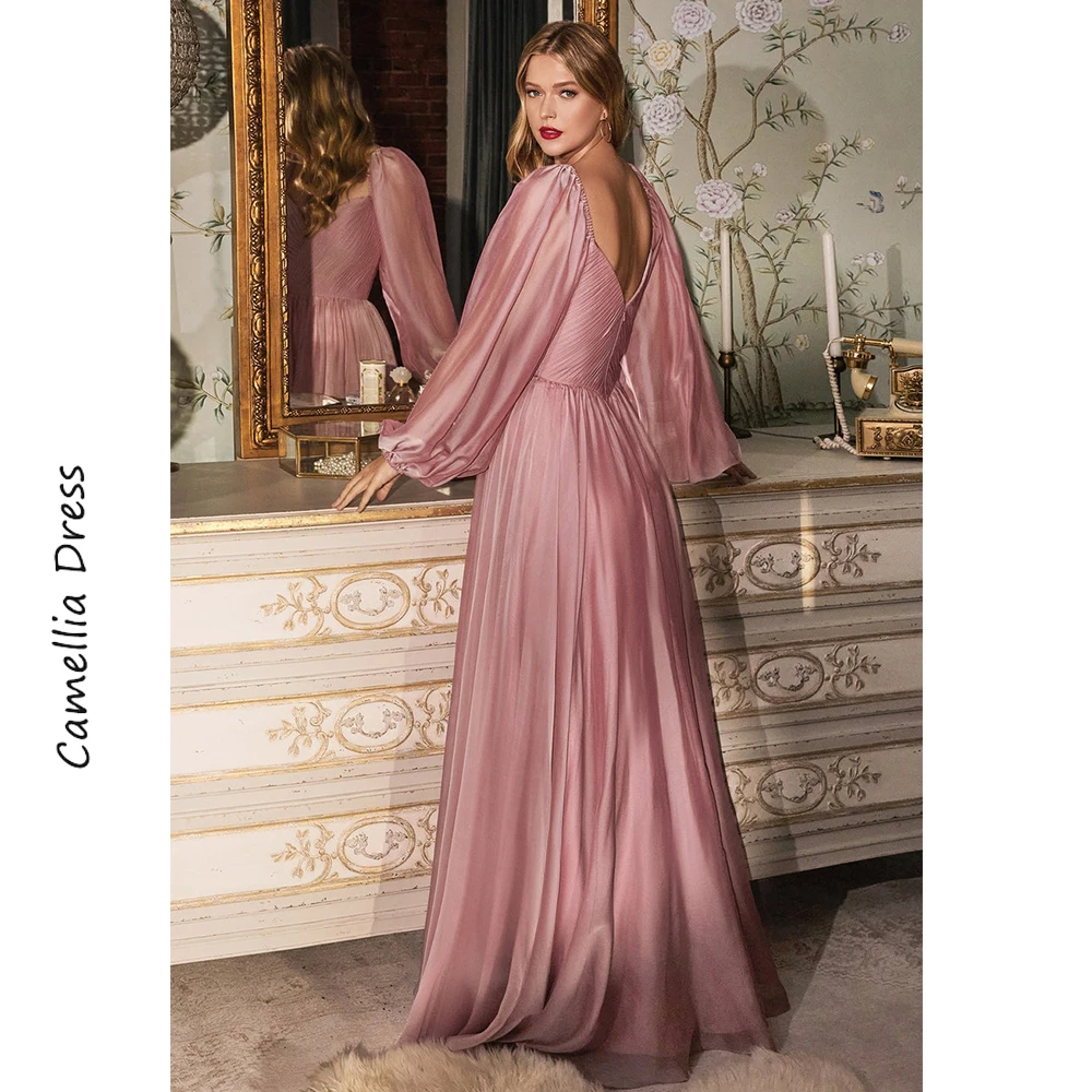 Chic Evening Dresses Long Sleeve A-Line Party Dresses V-Neck Formal Dresses Chiffon Backeless Vestidos De Fiesta فساتين السهرة