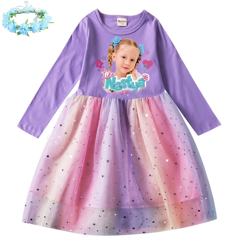 

2023 Autumn Russia Like Nastya Dress Baby Girls Cartoon Dress Kids Long Sleeve Casual Dresses Wreath and Bag Children's Vestidos