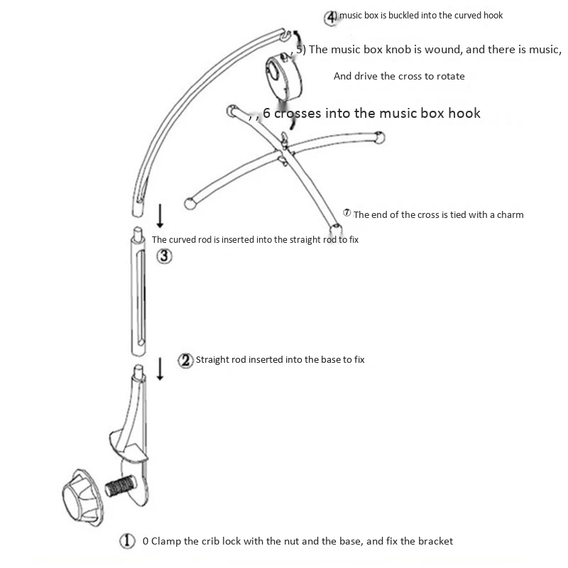 Bras mobile CPull pour lit bébé, boîte à musique automatique à remonter, support arc-en-ciel, support rapide pour fille et garçon, sans jouets