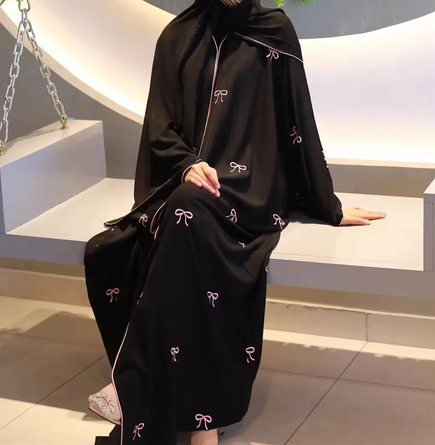 

2025 New Muslim Abaya with Pink Bow Embroidery Black Loose Long Sleeve, Elegant Modest Islam Clothing for Women Daily Party Wear