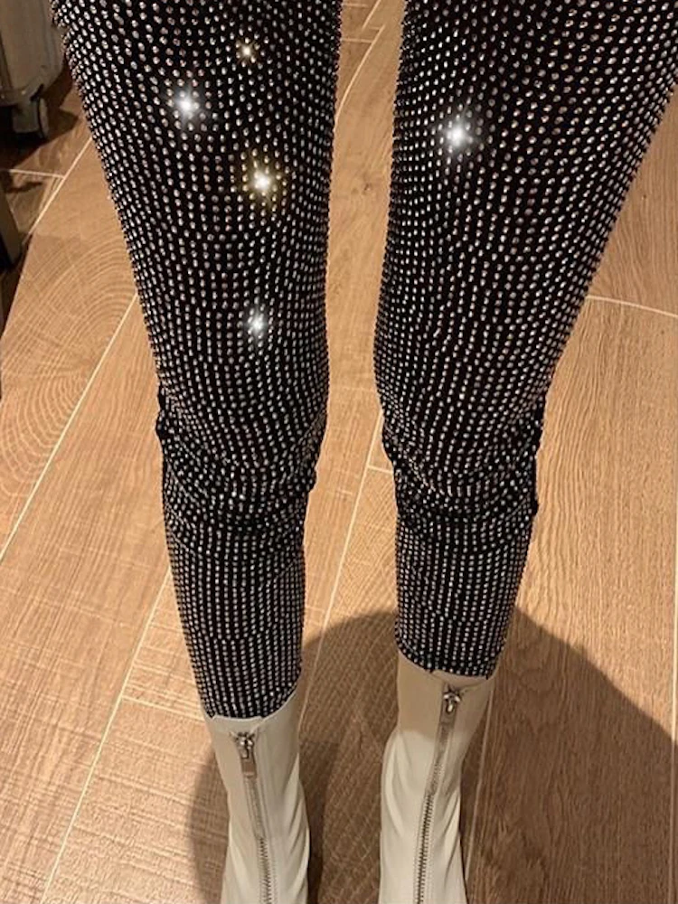 Taruxy sparkly cristal calças femininas leggings outono inverno cintura alta elástico bodycon longo penci pant streetwear y2k calças collants