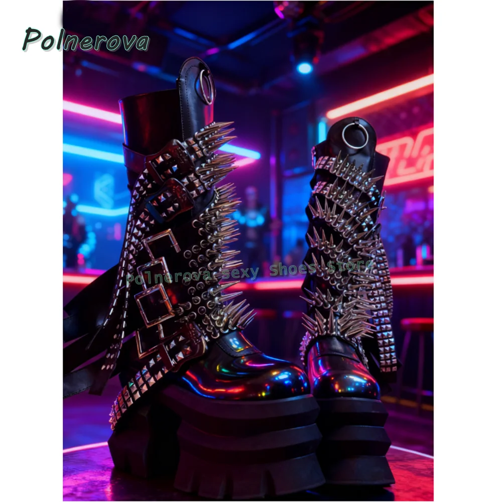 

Y2K Rivet Spike Punk Motorcycle Boots Newest Round Toe Thick Sole Platform Belt Buckle Large Size 35-47 Couple Knee High Boots