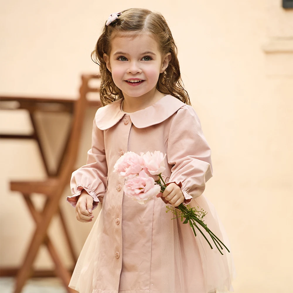 Dave Bella Children Elegant Mesh Jacket Girls Clothes Autumn Spring Kids Lapel Pink Topcoat Baby Sweet Outerwear Party DB1260241