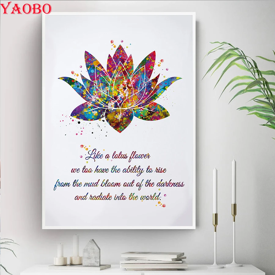 Diamond Embroidery Lotus Text Quote Poster and Print Yoga Motivational Cross Stitch Diamond Painting Full Mosaic Rhinestone