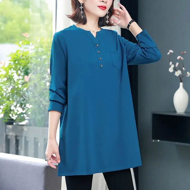 Women V Neck Long Sleeve Simple Casual Oversize T-shirt Korean Style Solid Comfortable All Match Basic Tunic Tops Female Clothes