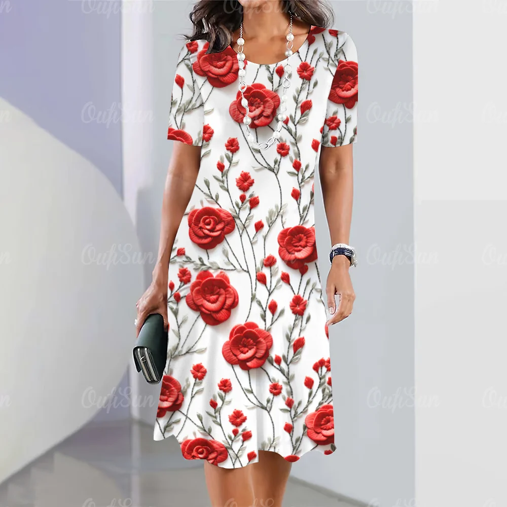 2024 New Women's Dresses Flower Printed Summer Vacation Elegant Dress Feamle Short Sleeve Dresses Fashion Oversized Clothes