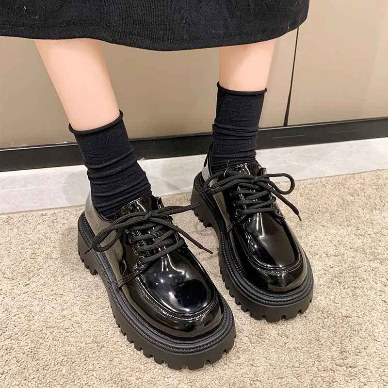 Chunky Platform Oxfords Shoes for Women Autumn Patent Leather Non-slip Shallow Pumps Woman Lace-up Thick Bottom Gothic Shoes