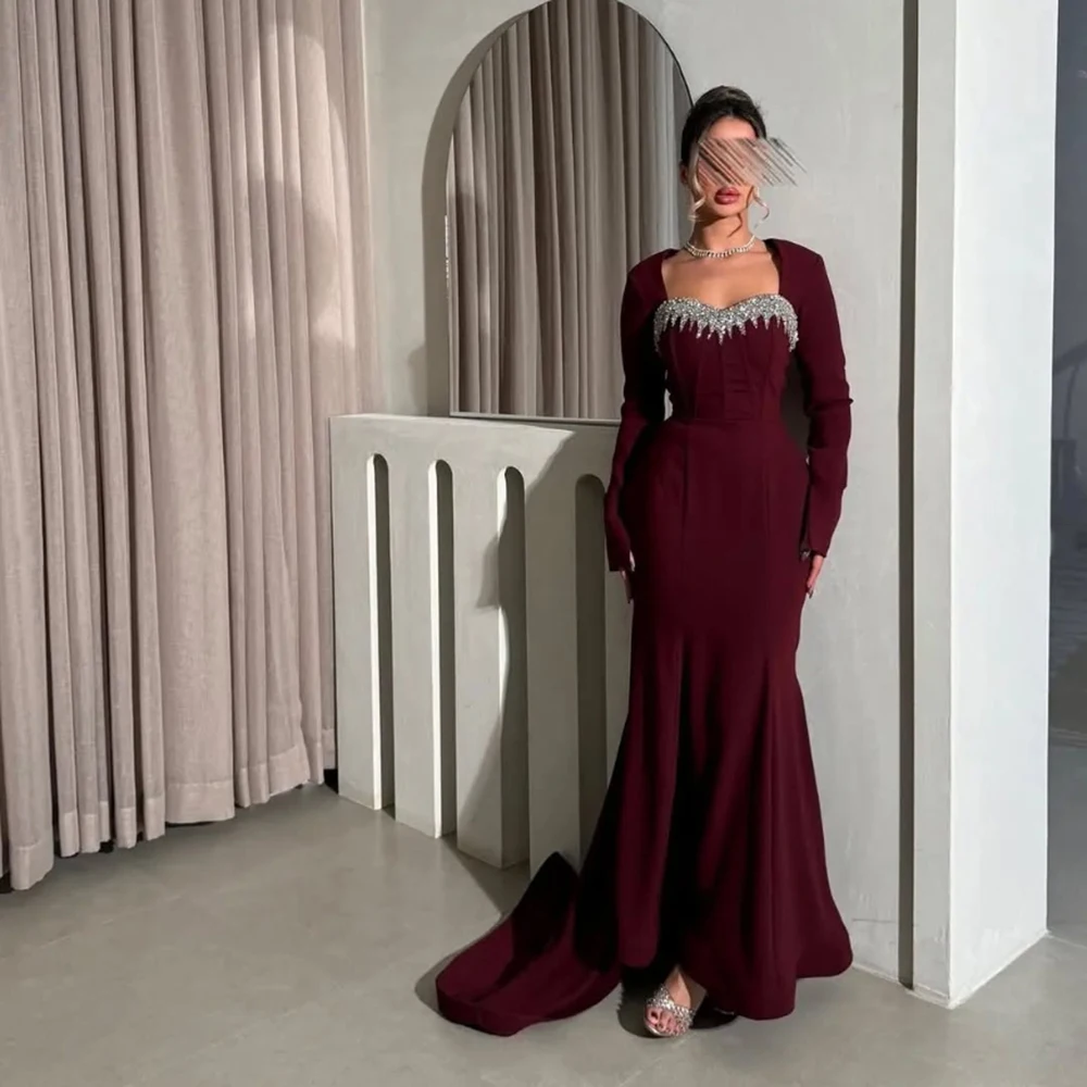 

Customized Square Collar Burgendy Jersey Evening Dress With Sequined Full Sleeve Mermaid Party Gown Draped Floor Length Dress