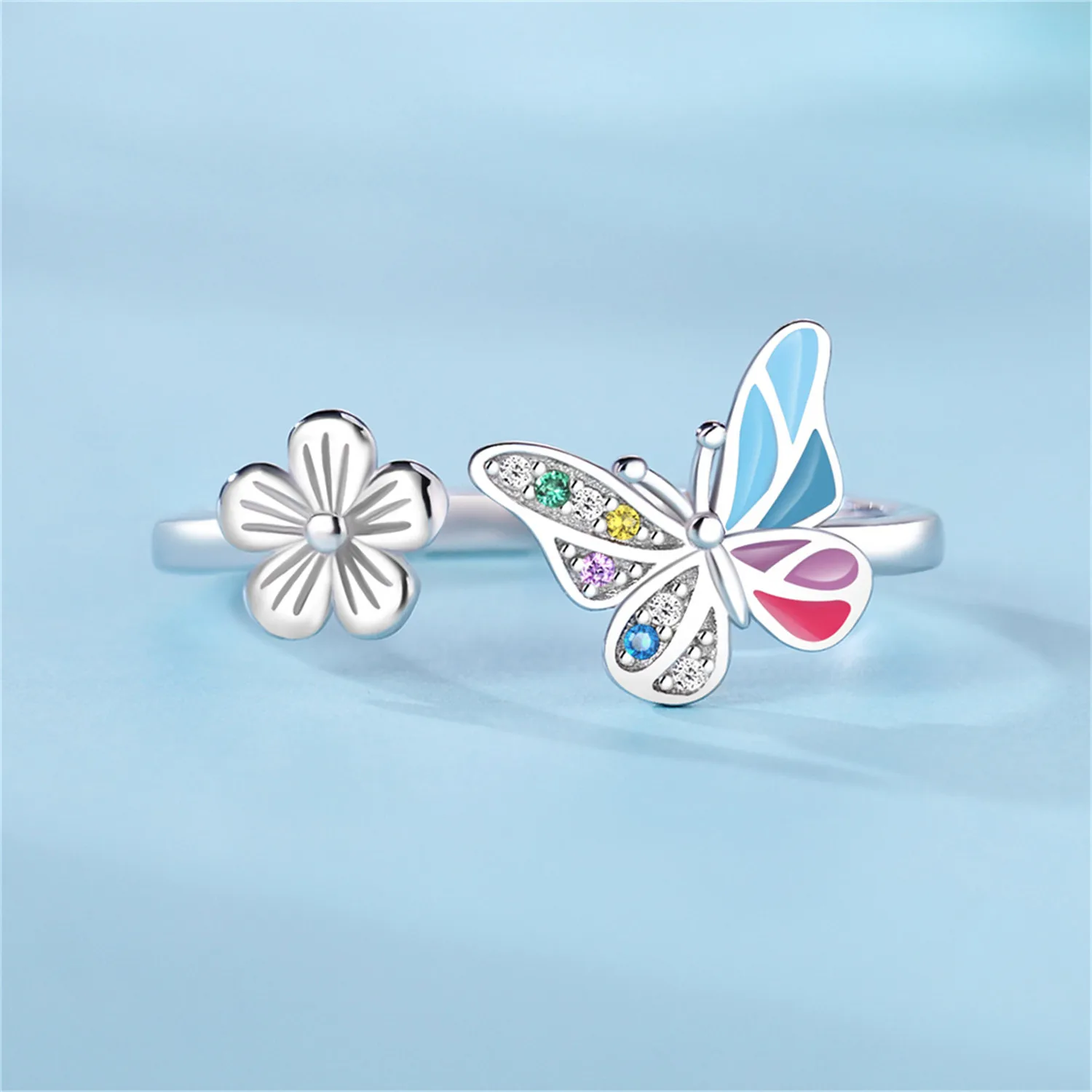 PANPOKI S925 فضة فراشة الحشرات زهرة افتتاح الدائري للنساء الأصلي البنصر مجوهرات هدايا الحفلات العصرية #5