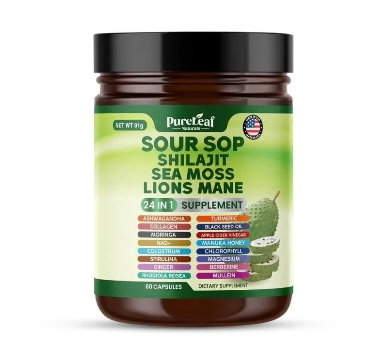 

Soursop Shilajit, Sea Moss и Lions Mane Добавка 24-в-1 — способствует пищеварения, улучшает здоровье суставов и костей, поддержку сна