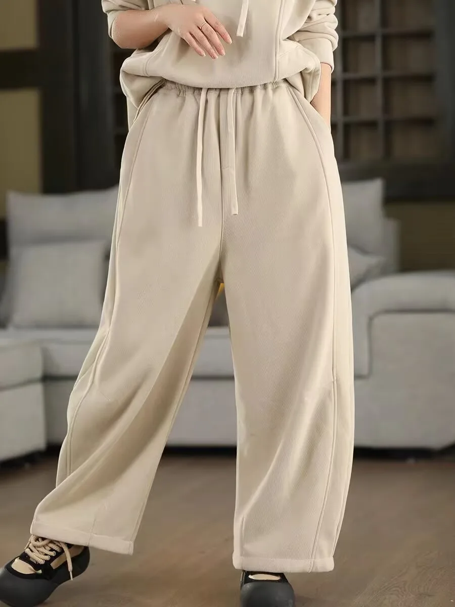 Thiened Fce الشتاء السراويل عارضة Dstring على سليم صالح المرأة الدافئة الضيقة واسعة الساق سكين السراويل Sweatpants