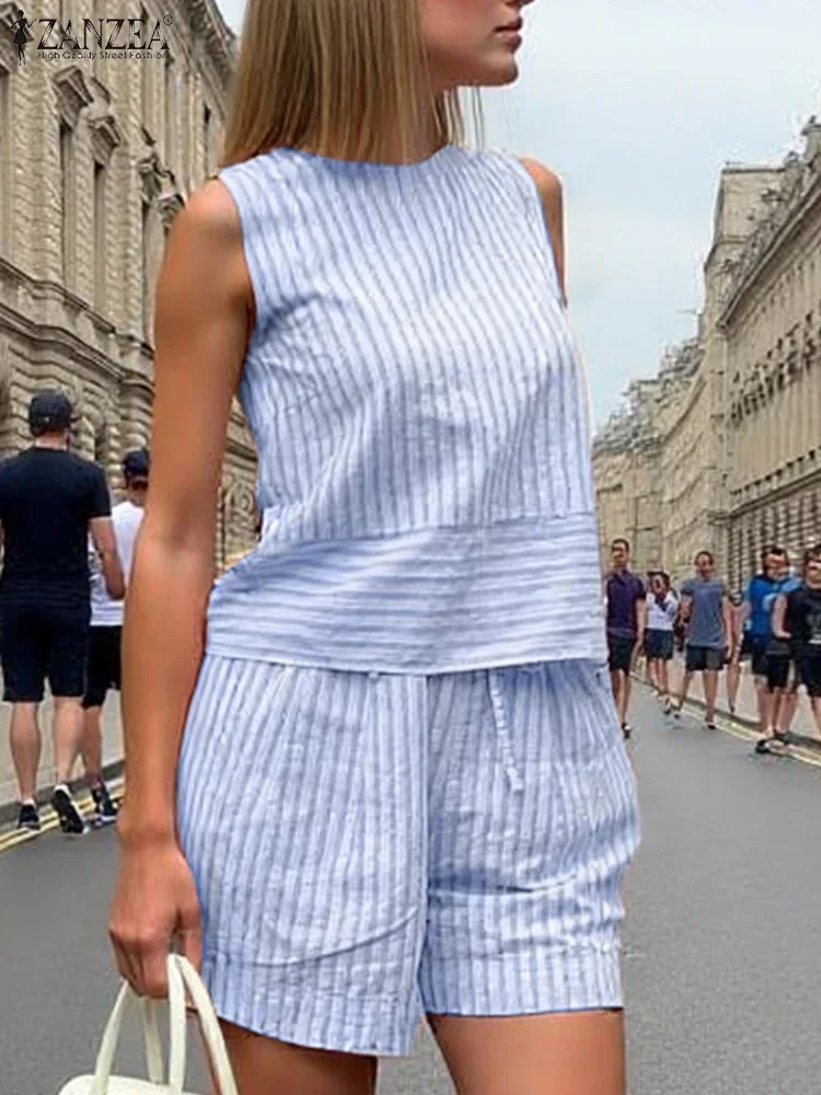 ZANZEA ฤดูร้อนผู้หญิงสั้นชุดแขนกุดชุด 2PCS ชุดสั้นแฟชั่น Casual หลวมการจับคู่ Tracksuits ขนาดใหญ่ 2025