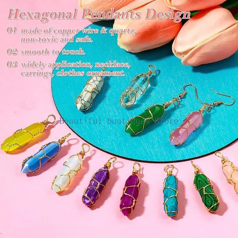 U4LF Hexagonal Column Necklaces Natural Crystal Pendants Stone Chains Adults Jewelry