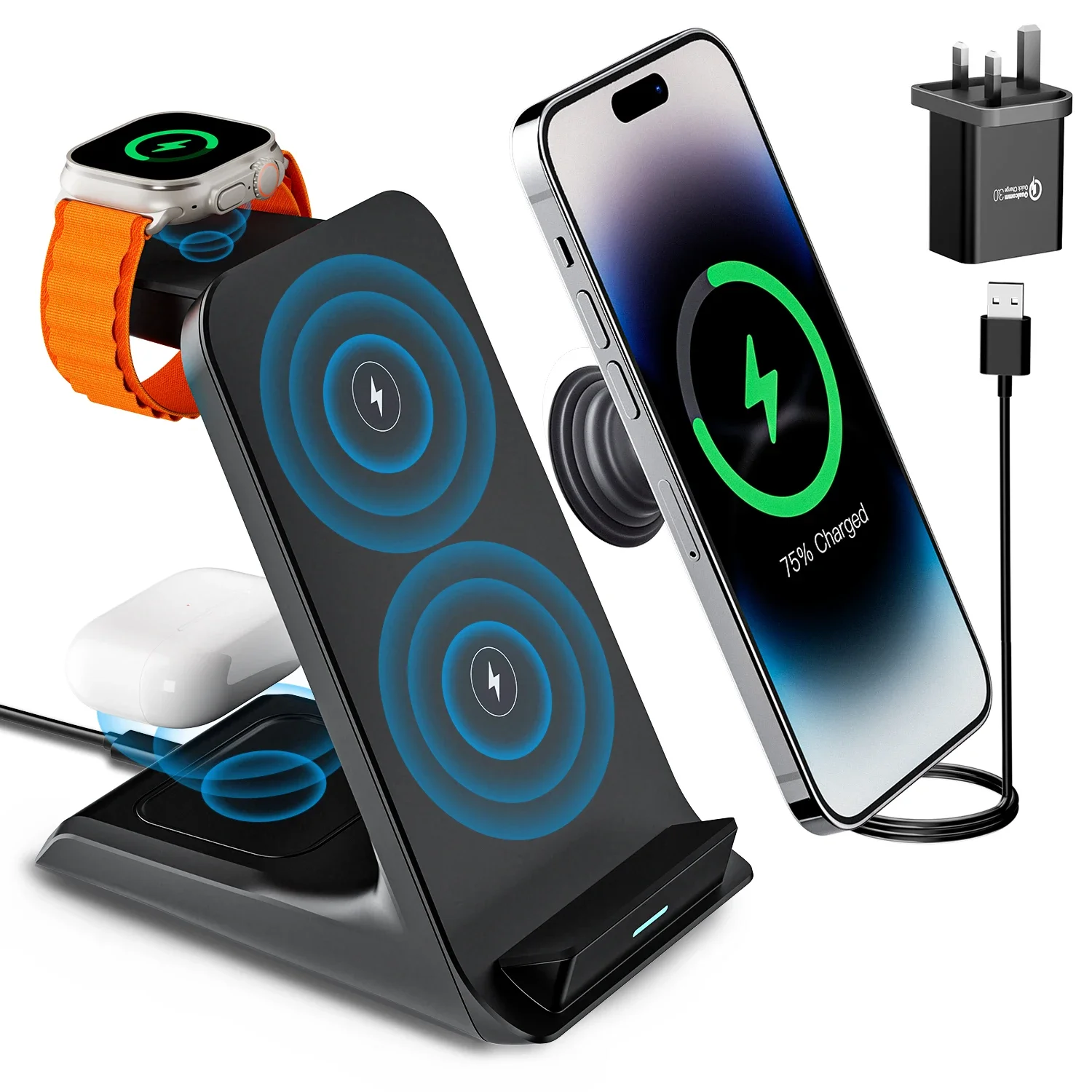 KPON 3 in 1 Wireless Charger Stand Fast Charging Station Dock For iPhone 16/15/14/13 Pro Max Apple iWatch 9/8/7/6/5 Airpods 3/2