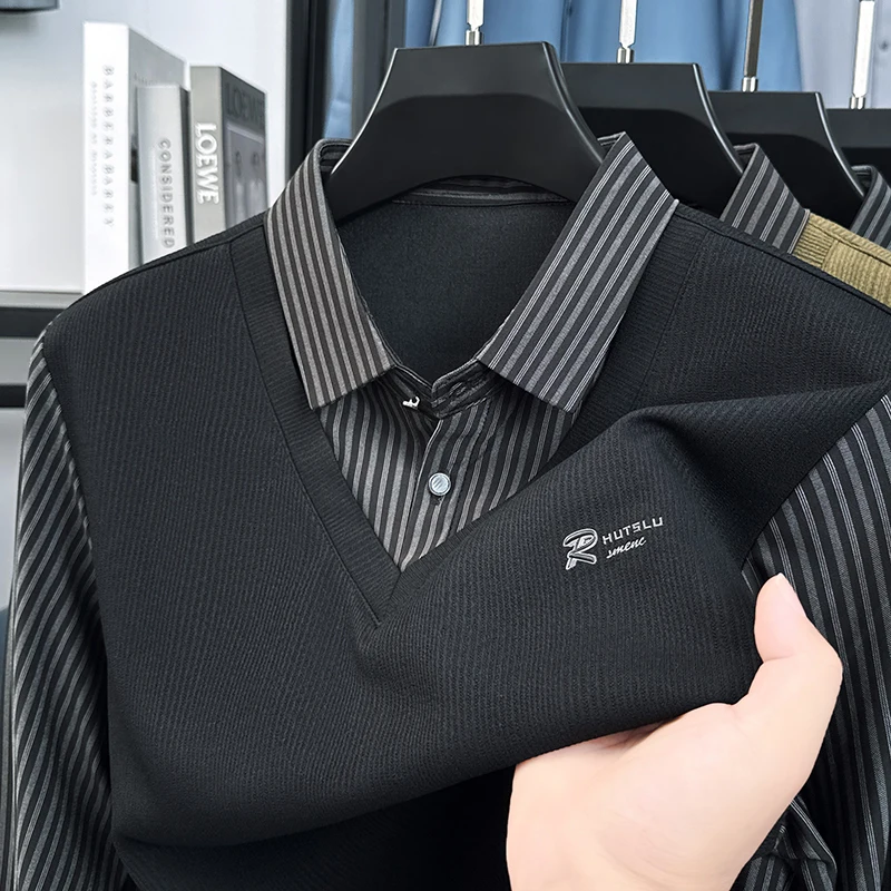 

High end men's shirt collar sweater Spring Autumn fashion brand letter print new business casual lapel long sleeve polo shirt