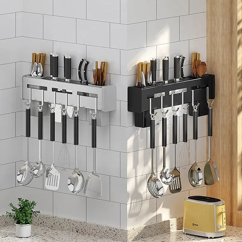 Stainless Steel Frame Wall Mounted Knife Holder Kitchen Nail Free Storage Rack Knife With Hook Kitchen Cabinet Storage Rack