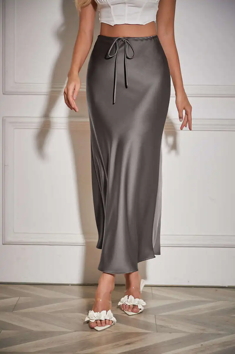 New In 2026 Spring Summer Solid Color Satin Long Skirt For Women High Waist Lace-Up Fashion Elegant Faldas