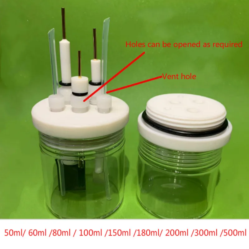 Electrolytic cell. C001 sealed cell. Straight five port sealed electrolyzer. Three electrode electrochemical cell.