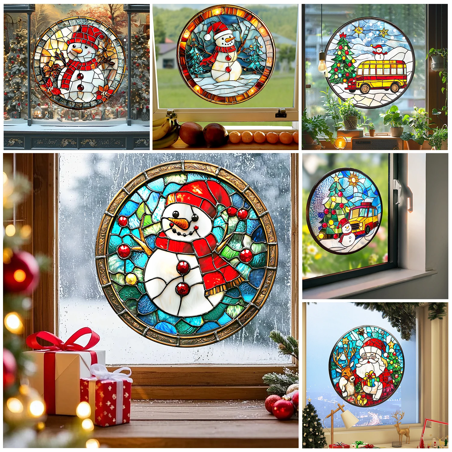 Christmas Trees Snowman Wall Sticker Suncatch Rainbow Window Privacy Film Glass Static Cling Film Decor UV Festival Decoration