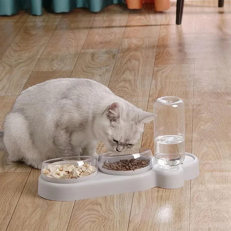 Cat Bowl Pet Feeder Anti-Tip Double Bowl Large Diameter Integrated Cat Bowl Made of PP+PC Material with Drinking Fountain