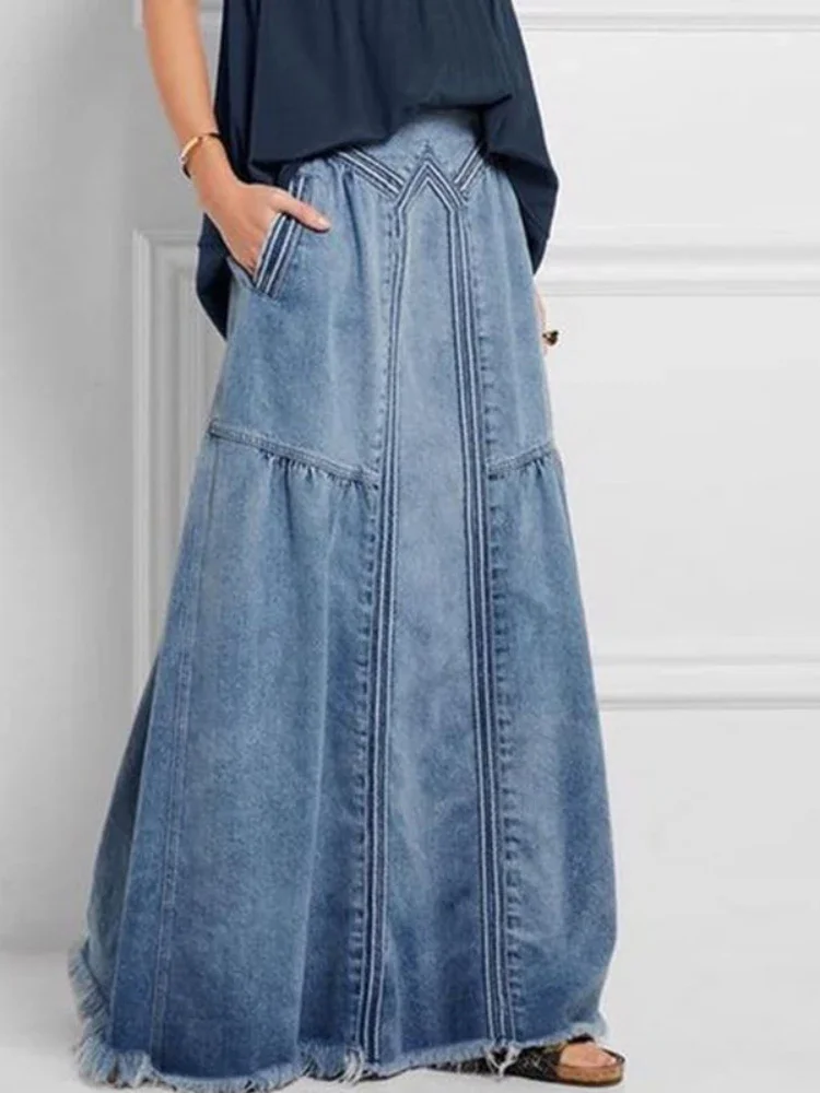 

Women Denim Long Skirts Loose A Line Elastic High Waist Skirt Solid Pockets Jeans Casual Elegant Office Lady Autumn 2024