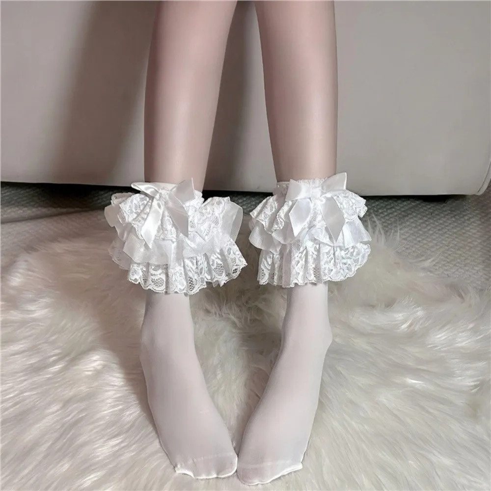 Sweet Bowknot Lolita Lace Stockings Ballet Style Gothic Style JK Knee High Socks Y2K Breathable Ruffle Uniform Socks Cosplay